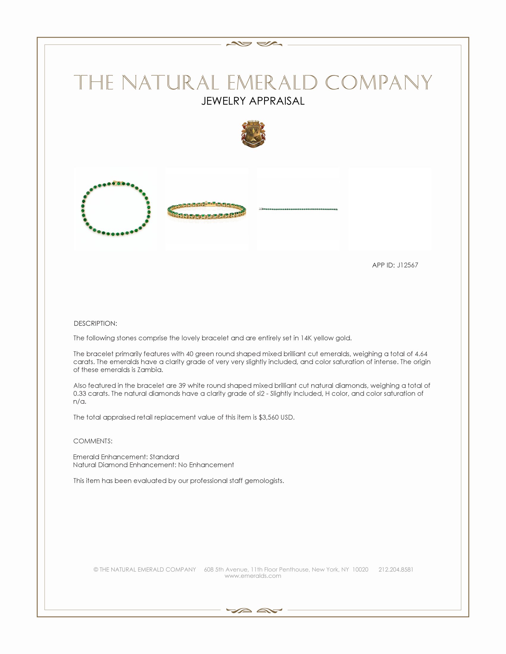 4.64 Ct.Tw. Emerald and Natural Diamond Tennis/Line Bracelet, 14K Yellow Gold