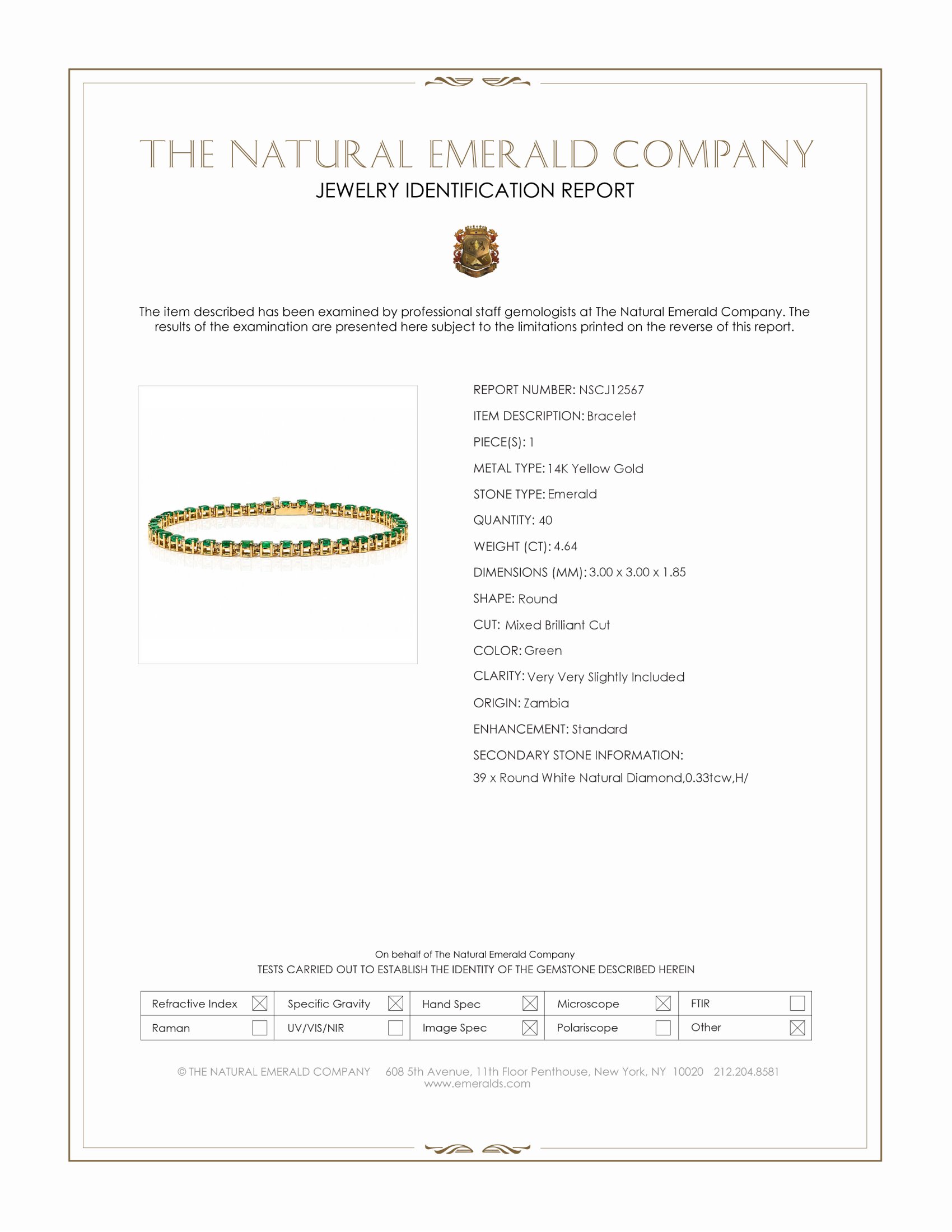 4.64 Ct.Tw. Emerald and Natural Diamond Tennis/Line Bracelet, 14K Yellow Gold