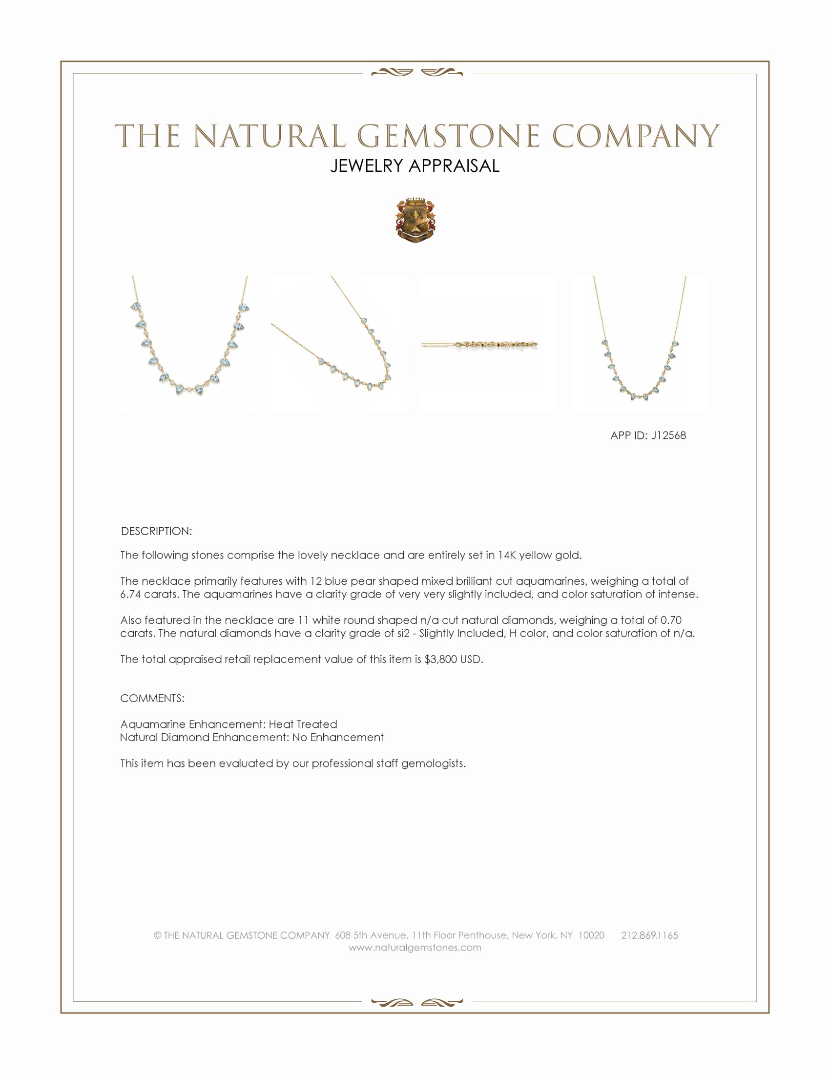 6.74 Ct. Blue Aquamarine and Natural Diamond Bezel Necklace, 14K Yellow Gold