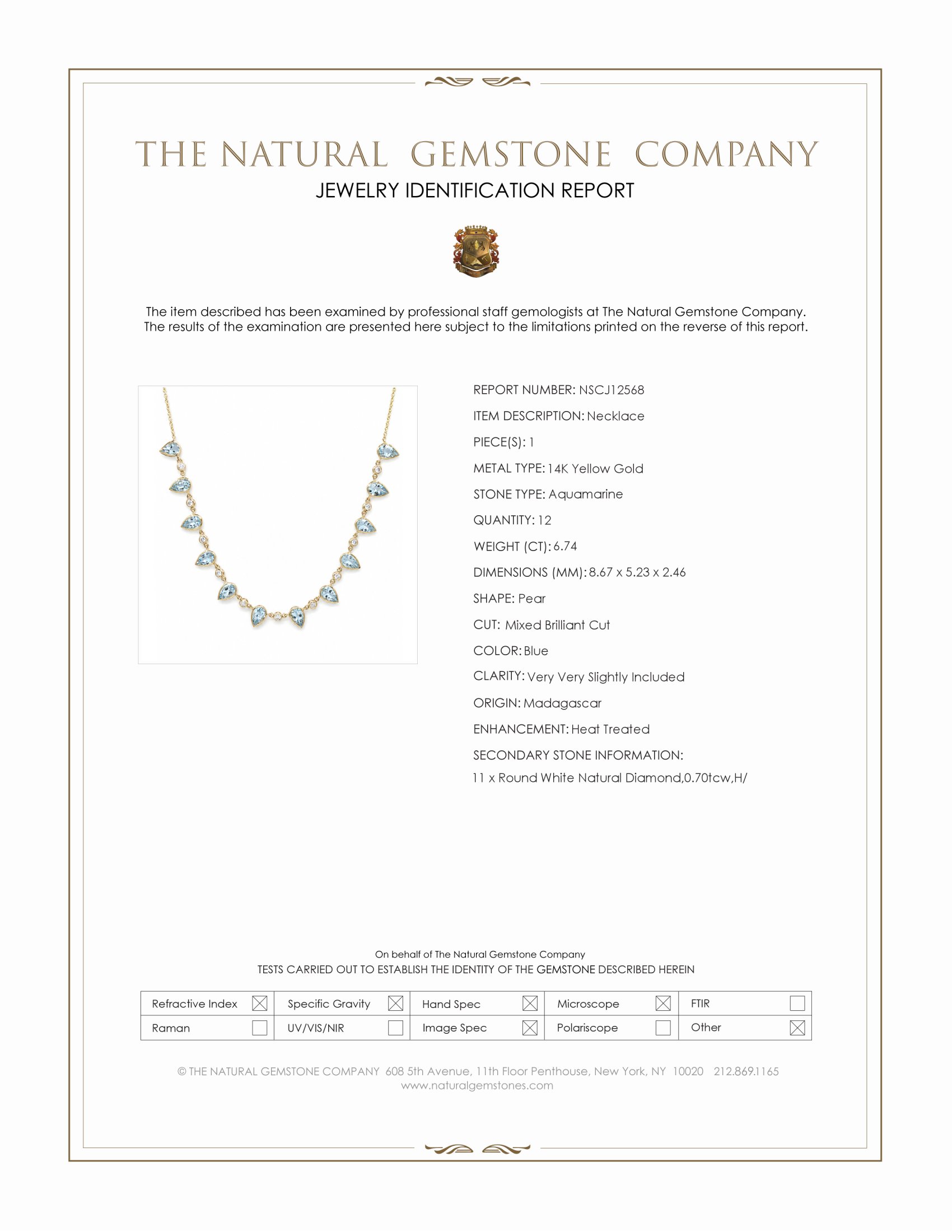 6.74 Ct. Blue Aquamarine and Natural Diamond Bezel Necklace, 14K Yellow Gold