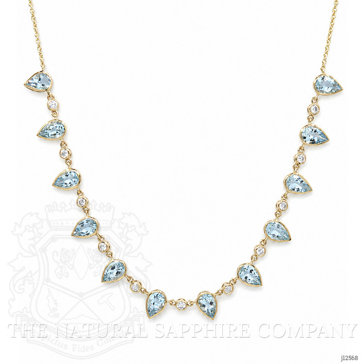 6.74 Ct. Blue Aquamarine and Natural Diamond Bezel Necklace, 14K Yellow Gold