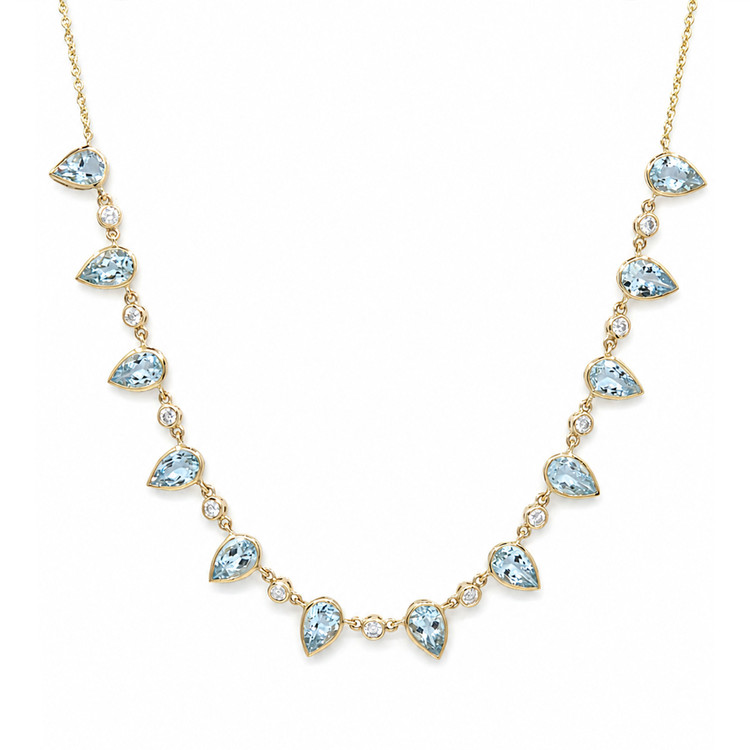 6.74 Ct. Blue Aquamarine and Natural Diamond Bezel Necklace, 14K Yellow Gold