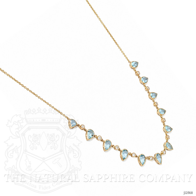 6.74 Ct. Blue Aquamarine and Natural Diamond Bezel Necklace, 14K Yellow Gold