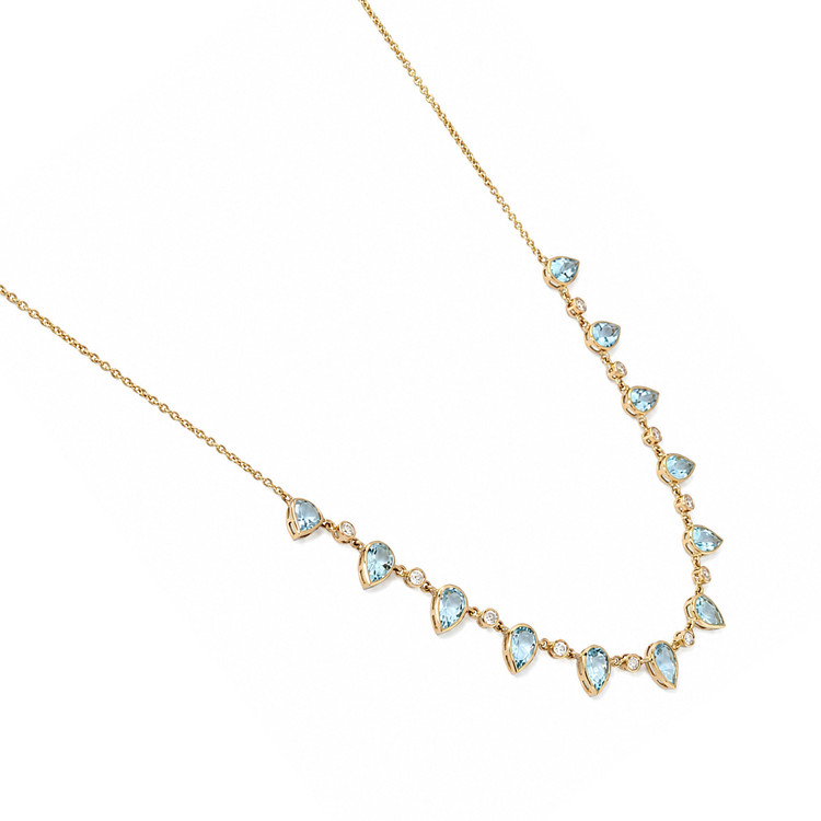6.74 Ct. Blue Aquamarine and Natural Diamond Bezel Necklace, 14K Yellow Gold