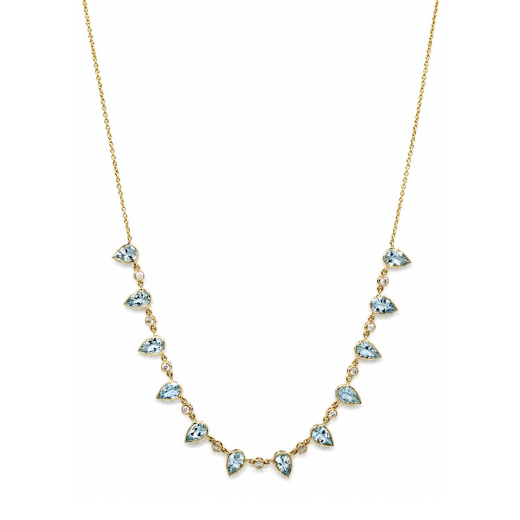 6.74 Ct. Blue Aquamarine and Natural Diamond Bezel Necklace, 14K Yellow Gold