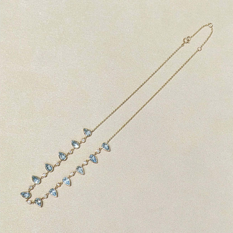 6.74 Ct. Blue Aquamarine and Natural Diamond Bezel Necklace, 14K Yellow Gold