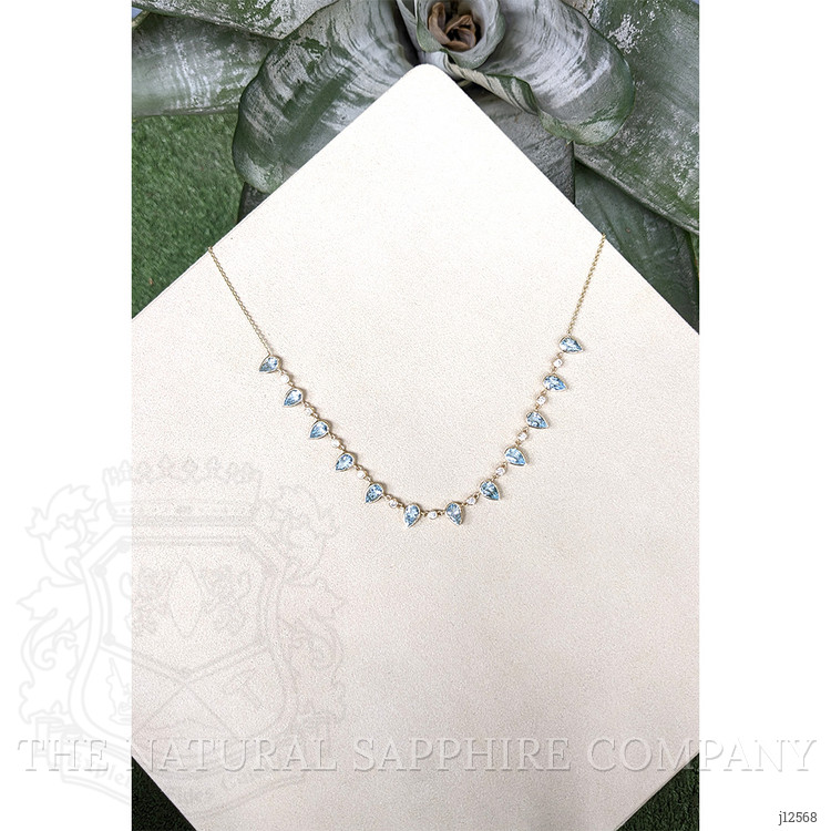 6.74 Ct. Blue Aquamarine and Natural Diamond Bezel Necklace, 14K Yellow Gold