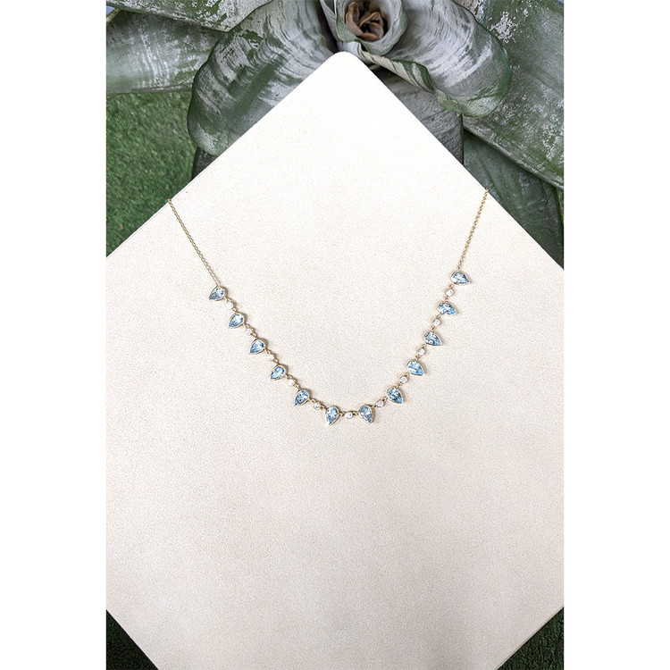 6.74 Ct. Blue Aquamarine and Natural Diamond Bezel Necklace, 14K Yellow Gold
