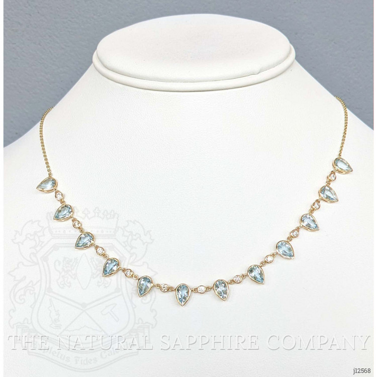 6.74 Ct. Blue Aquamarine and Natural Diamond Bezel Necklace, 14K Yellow Gold