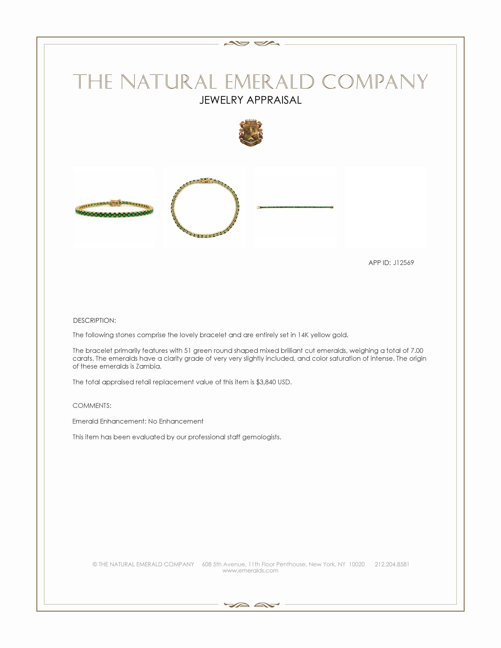 7.00 Ct.Tw. Emerald Tennis/Line Bracelet, 14K Yellow Gold
