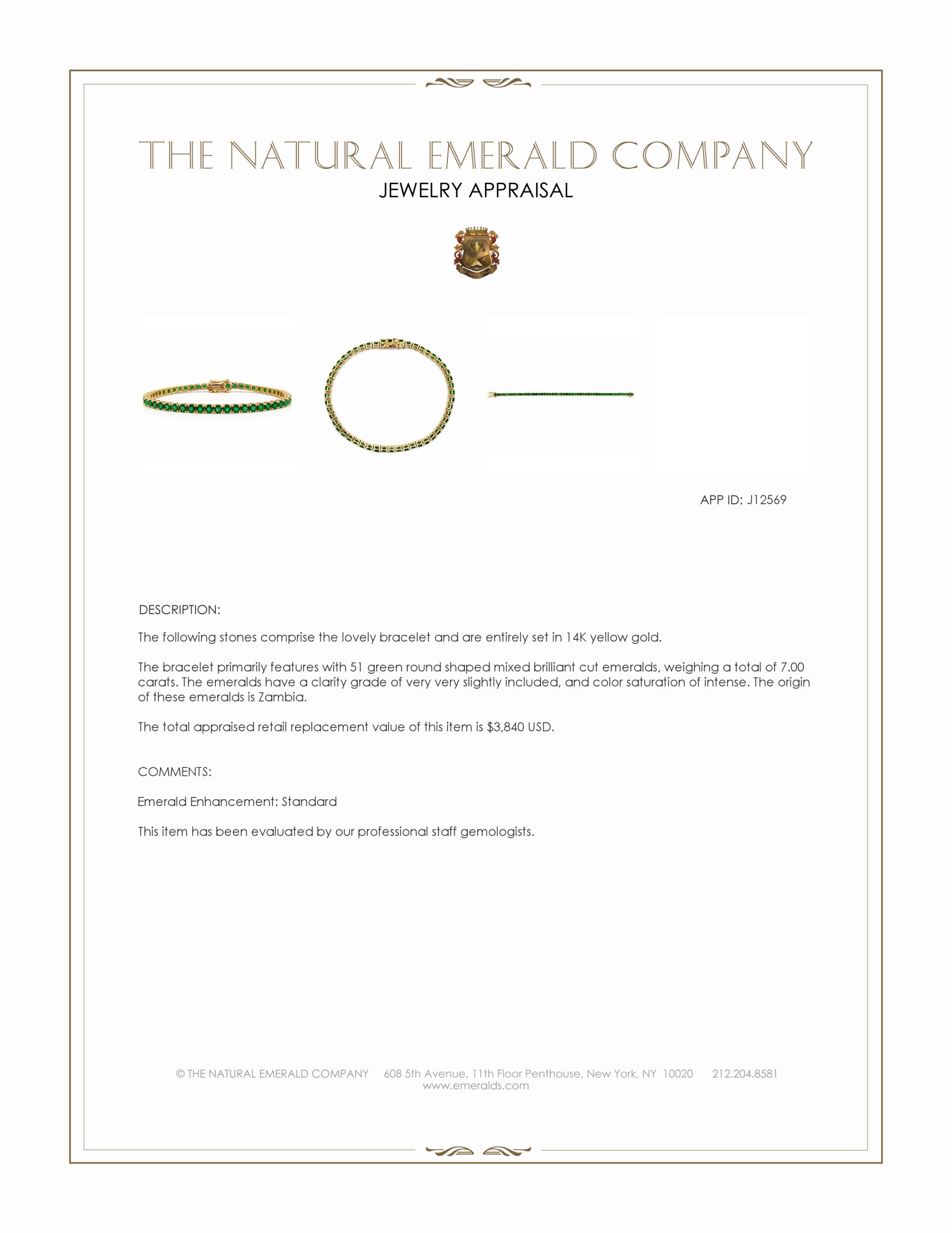 7.00 Ct.Tw. Emerald Tennis/Line Bracelet, 14K Yellow Gold