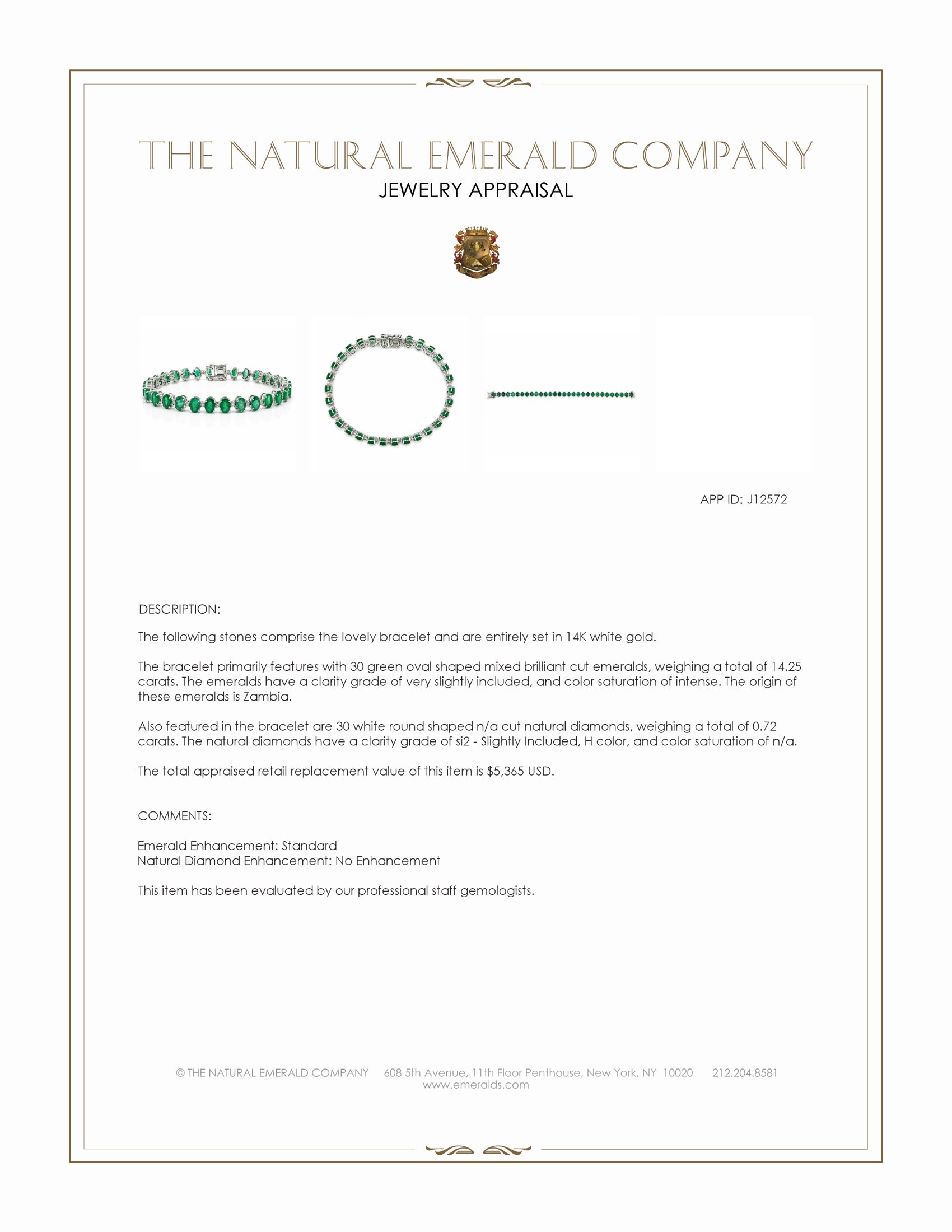 14.25 Ct.Tw. Emerald and Natural Diamond Solitaire Bracelet, 14K White Gold