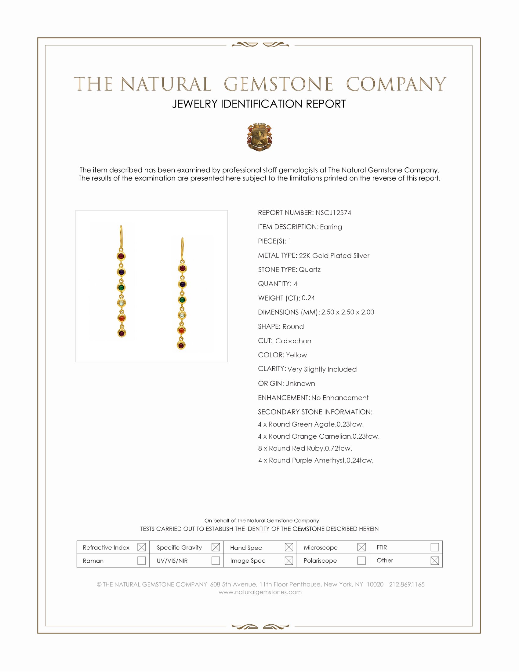 1.66 Ct.Tw. Ruby, Amethyst, Quartz, Agate and Carnelian Bezel Earrings, 22K Gold Plated Silver