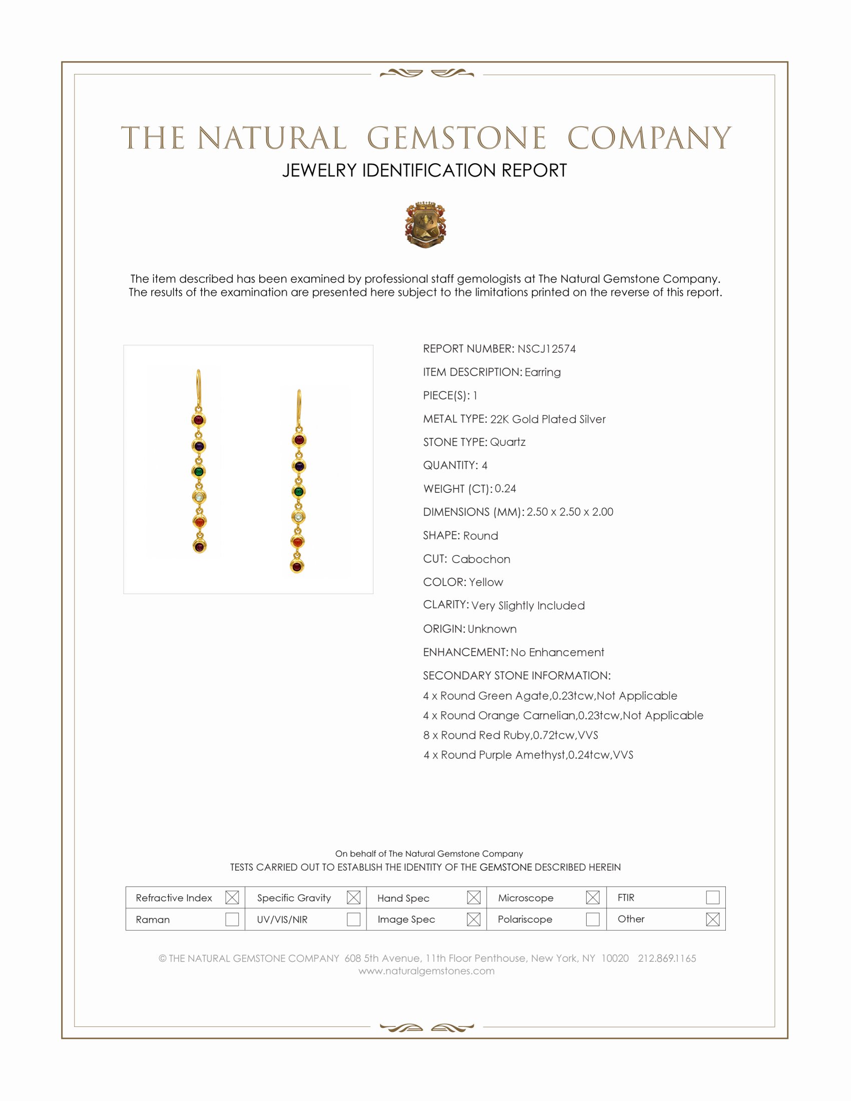 1.66 Ct.Tw. Ruby, Amethyst, Quartz, Agate and Carnelian Bezel Earrings, 22K Gold Plated Silver