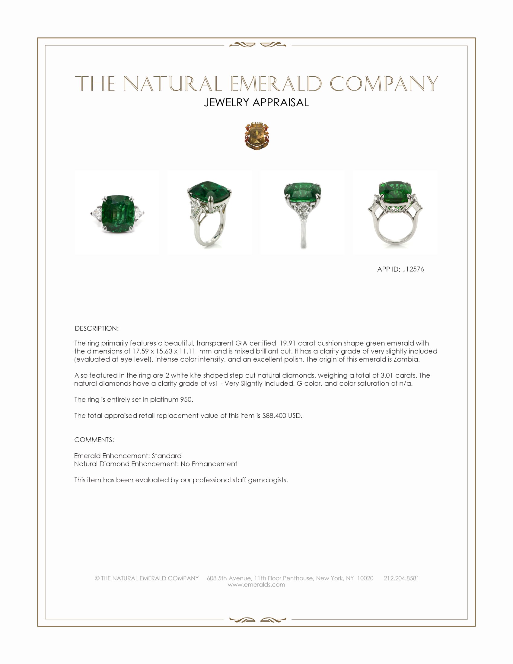 19.91 Ct. Emerald and Natural Diamond Three Stone Ring, Platinum 950