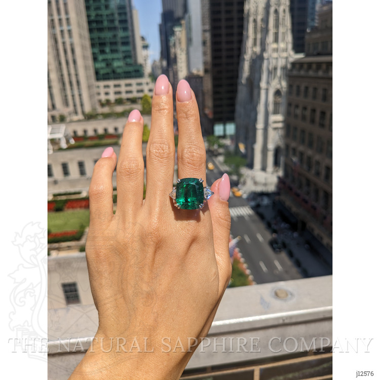 19.91 Ct. Emerald and Natural Diamond Three Stone Ring, Platinum 950