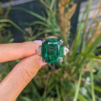 19.91 Ct. Emerald and Natural Diamond Three Stone Ring, Platinum 950 Life Style