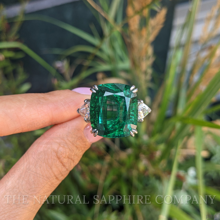 19.91 Ct. Emerald and Natural Diamond Three Stone Ring, Platinum 950