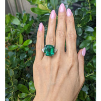 19.91 Ct. Emerald and Natural Diamond Three Stone Ring, Platinum 950 Life Style