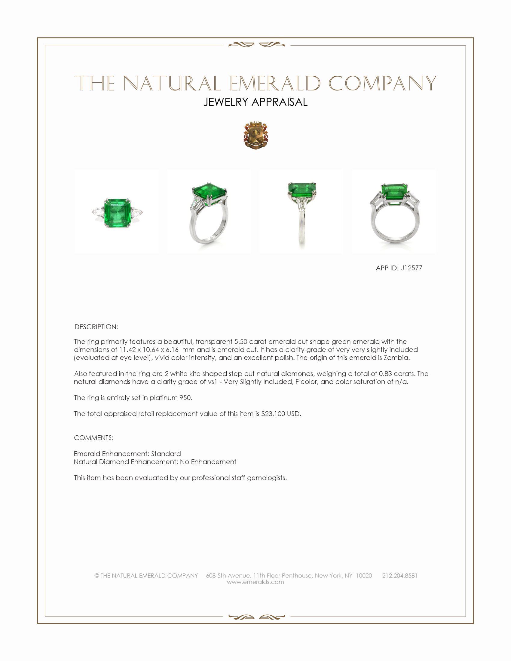 5.50 Ct. Emerald and Natural Diamond Three Stone Ring, Platinum 950