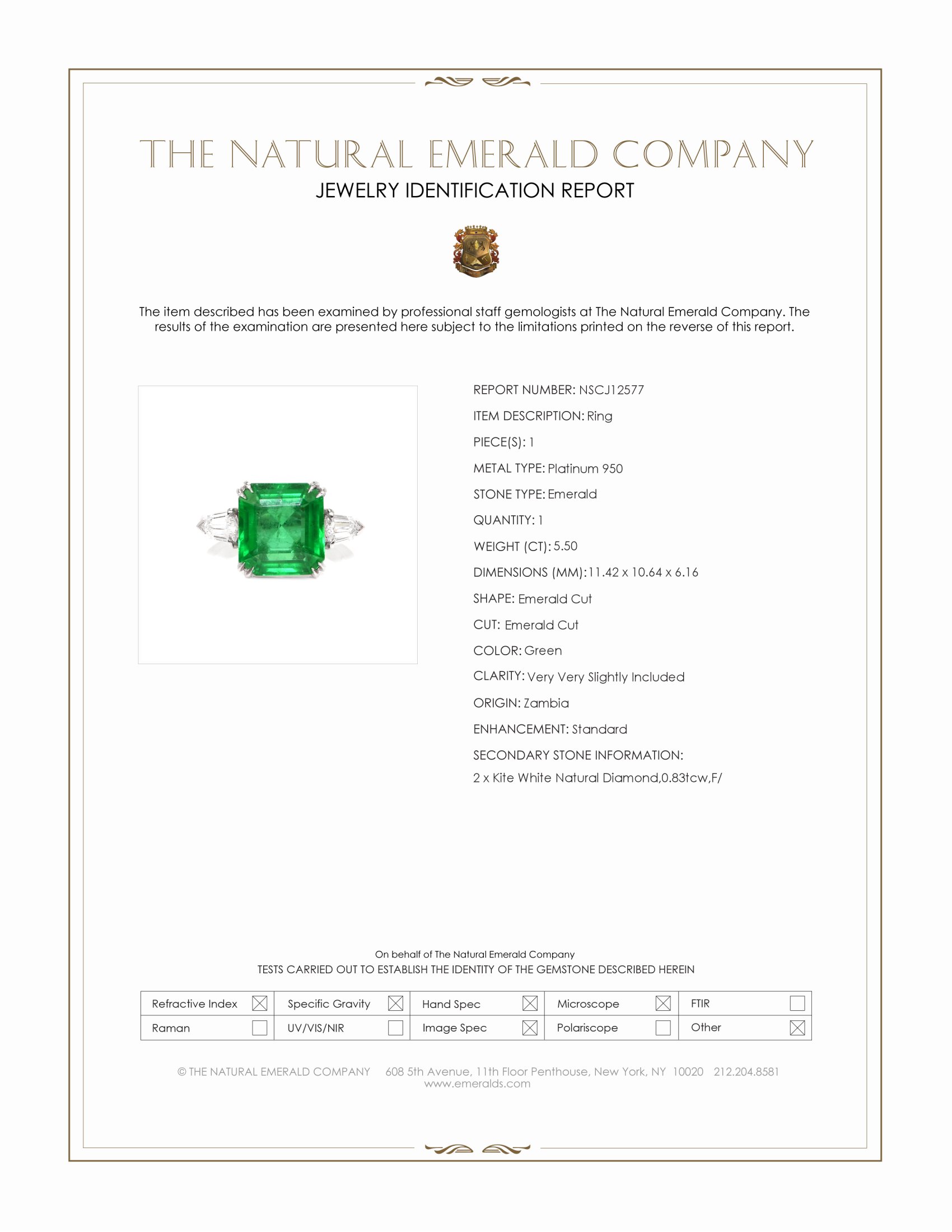5.50 Ct. Emerald and Natural Diamond Three Stone Ring, Platinum 950