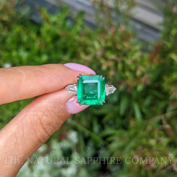 5.50 Ct. Emerald and Natural Diamond Three Stone Ring, Platinum 950