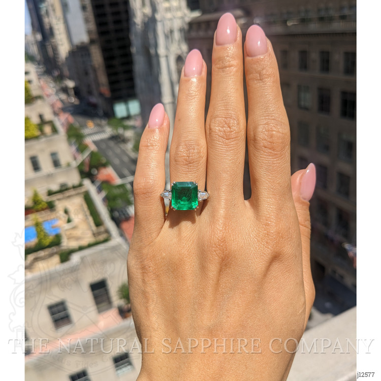 5.50 Ct. Emerald and Natural Diamond Three Stone Ring, Platinum 950