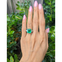5.50 Ct. Emerald and Natural Diamond Three Stone Ring, Platinum 950 Life Style