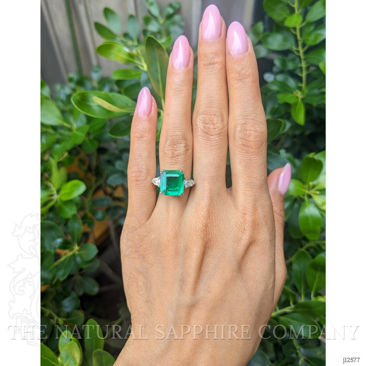 5.50 Ct. Emerald and Natural Diamond Three Stone Ring, Platinum 950