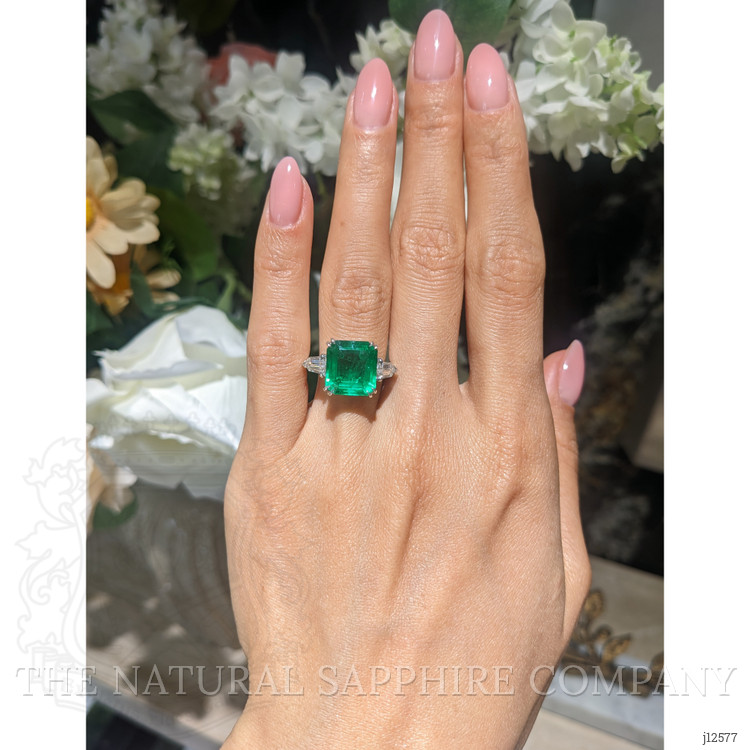 5.50 Ct. Emerald and Natural Diamond Three Stone Ring, Platinum 950