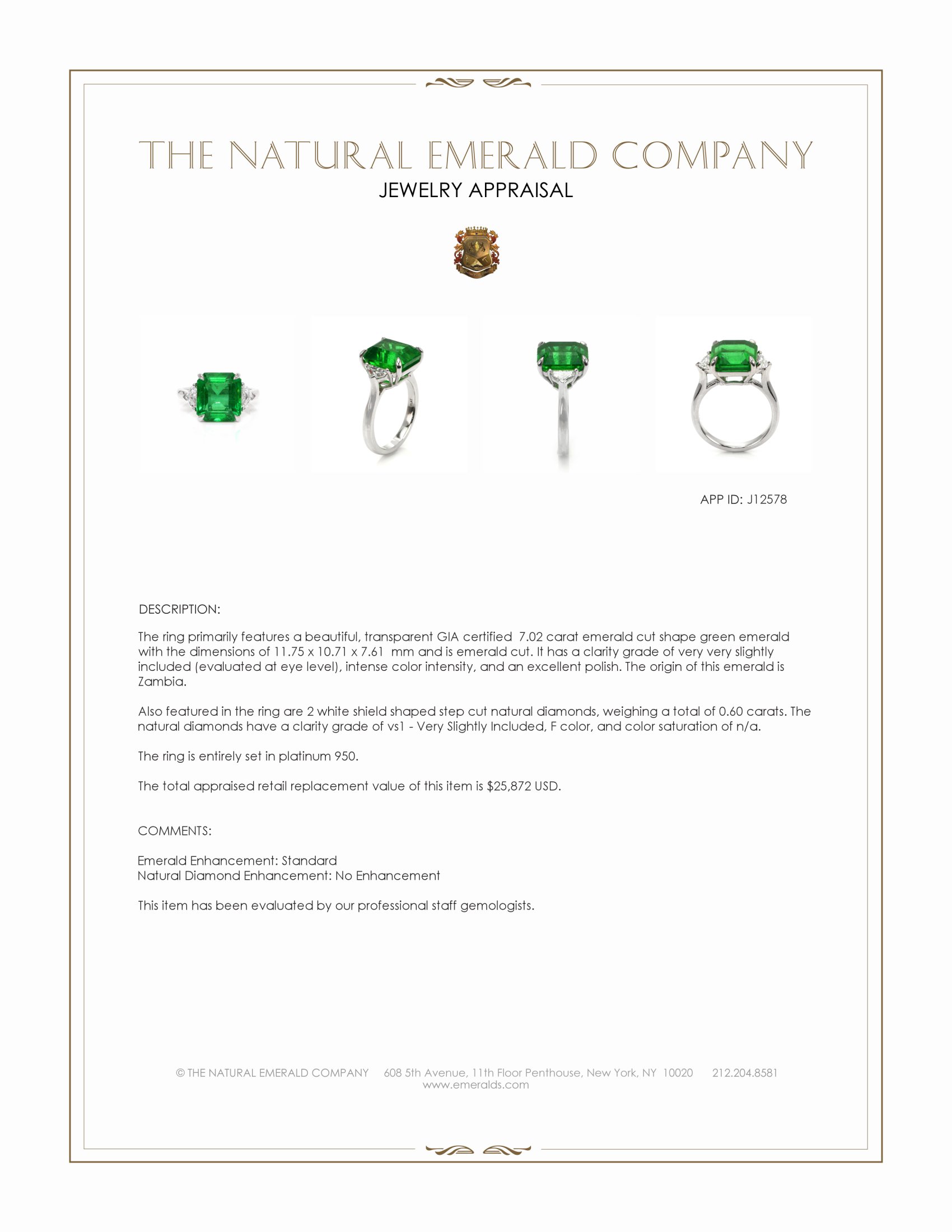 7.02 Ct. Emerald and Natural Diamond Three Stone Ring, Platinum 950