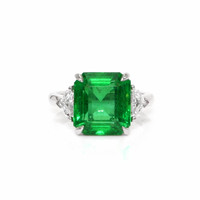 7.02 Ct. Emerald and Natural Diamond Three Stone Ring, Platinum 950 Video