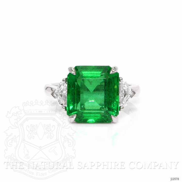 7.02 Ct. Emerald and Natural Diamond Three Stone Ring, Platinum 950