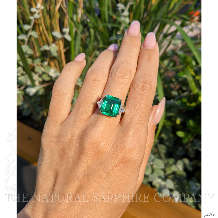 7.02 Ct. Emerald and Natural Diamond Three Stone Ring, Platinum 950