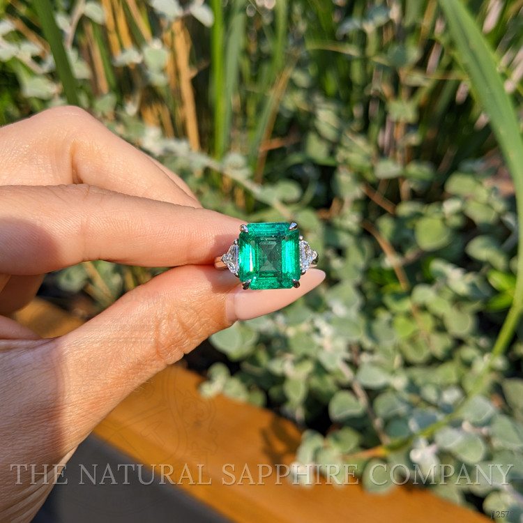 7.02 Ct. Emerald and Natural Diamond Three Stone Ring, Platinum 950