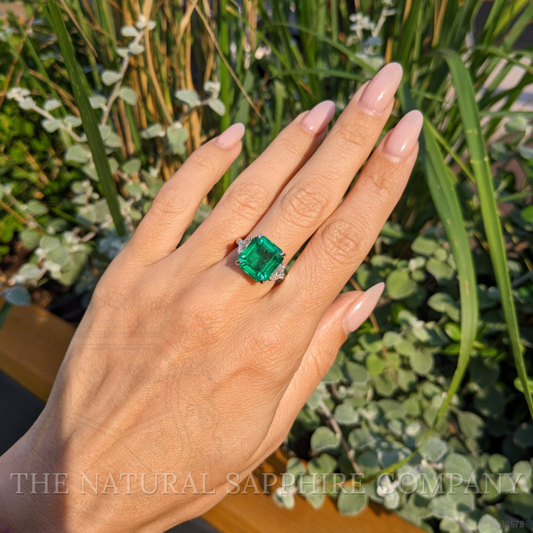 7.02 Ct. Emerald and Natural Diamond Three Stone Ring, Platinum 950