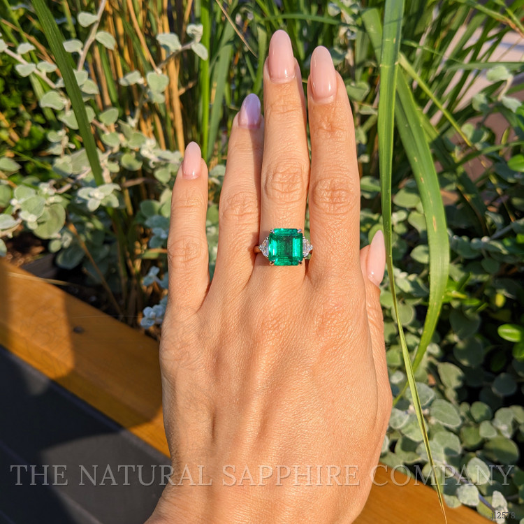 7.02 Ct. Emerald and Natural Diamond Three Stone Ring, Platinum 950