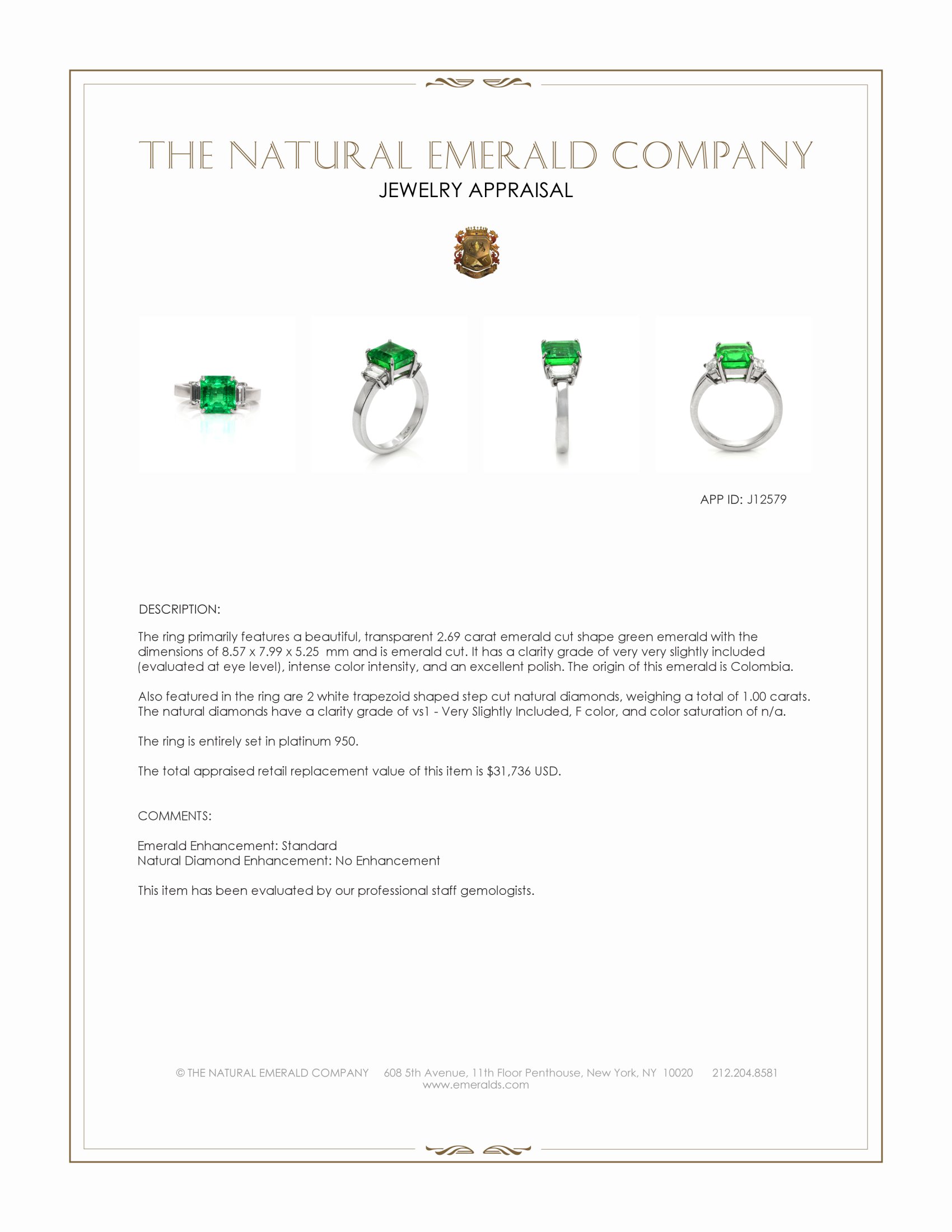 2.69 Ct. Emerald and Natural Diamond Three Stone Ring, Platinum 950
