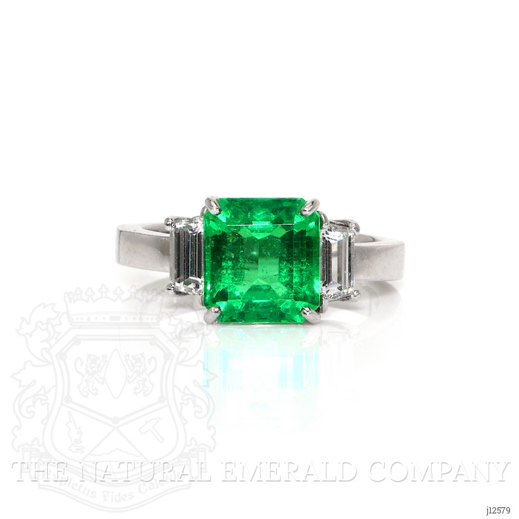 2.69 Ct. Emerald and Natural Diamond Three Stone Ring, Platinum 950
