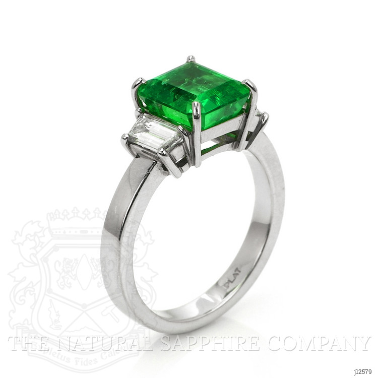 2.69 Ct. Emerald and Natural Diamond Three Stone Ring, Platinum 950