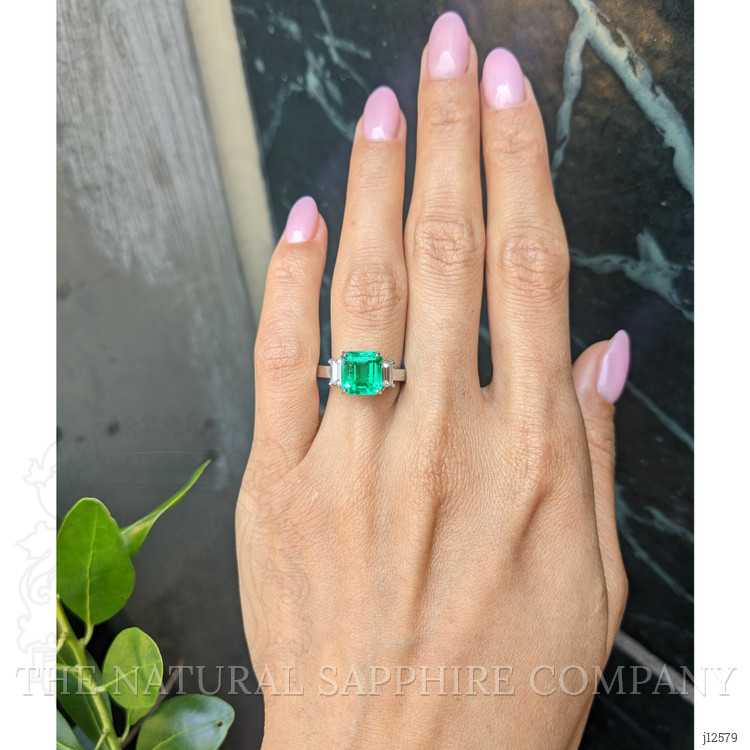 2.69 Ct. Emerald and Natural Diamond Three Stone Ring, Platinum 950