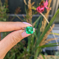 2.69 Ct. Emerald and Natural Diamond Three Stone Ring, Platinum 950 Life Style
