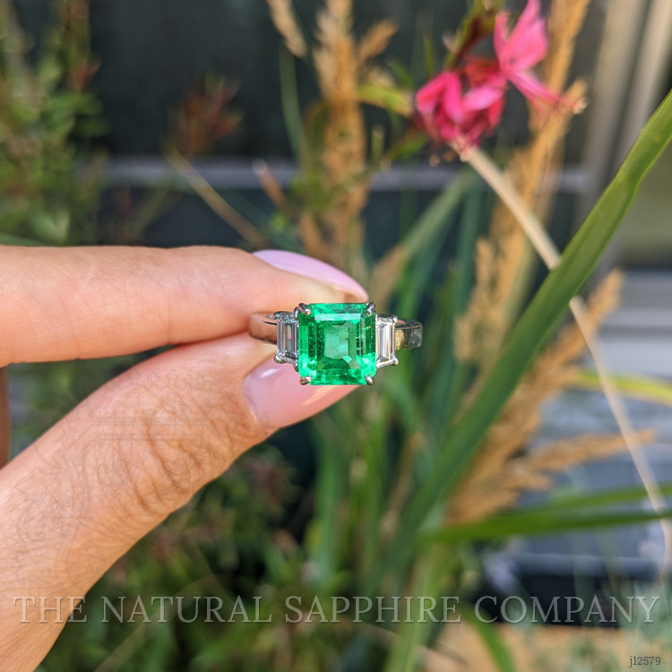 2.69 Ct. Emerald and Natural Diamond Three Stone Ring, Platinum 950