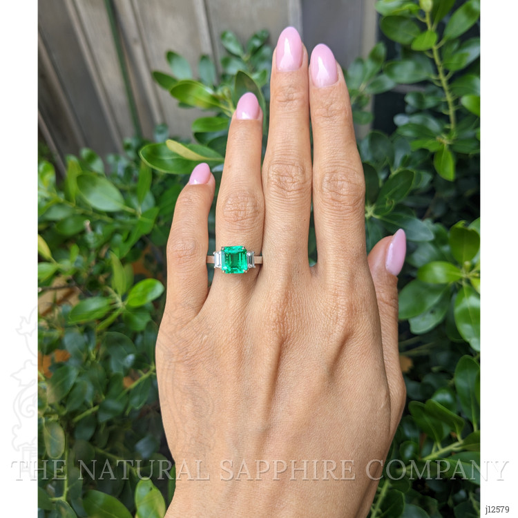 2.69 Ct. Emerald and Natural Diamond Three Stone Ring, Platinum 950