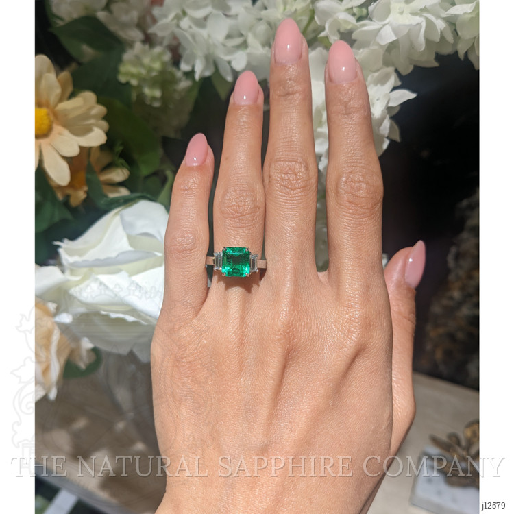 2.69 Ct. Emerald and Natural Diamond Three Stone Ring, Platinum 950