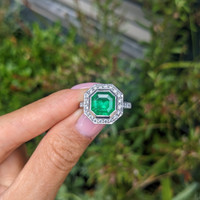 2.85 Ct. Emerald and Natural Diamond Pave Ring, Platinum 950 Life Style