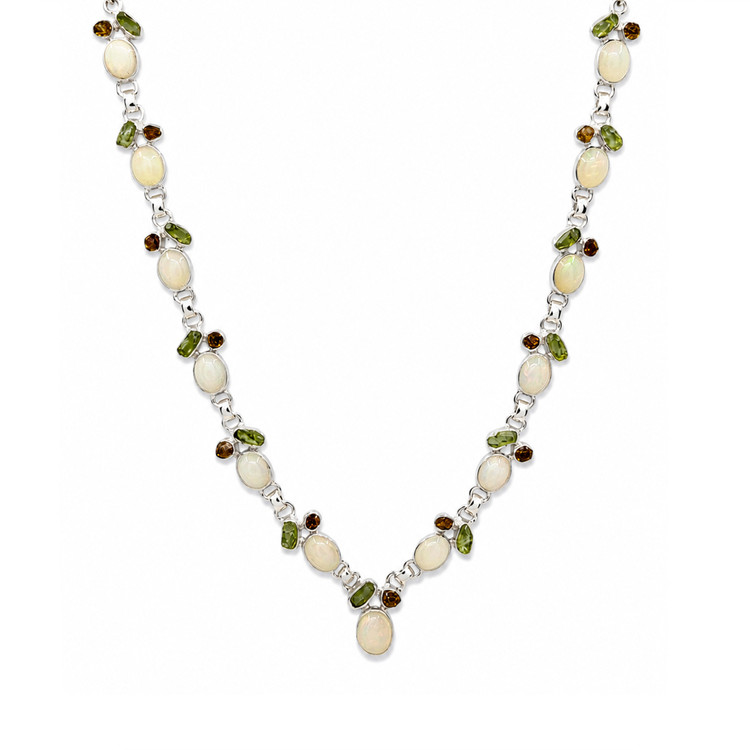 1.27 Ct. Mixed Opal, Yellow Citrine and Green Peridot Bezel Necklace, Silver