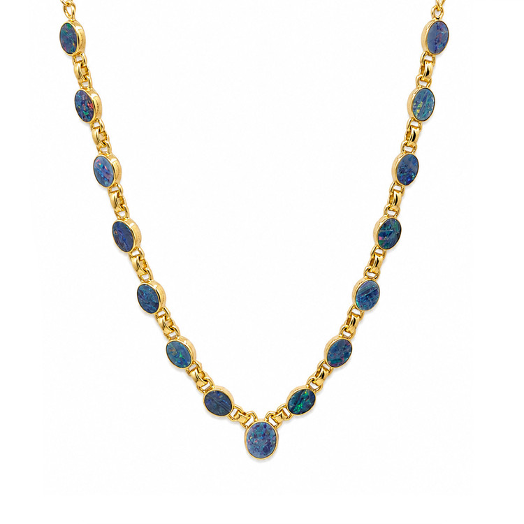 0.92 Ct. Multi Color Opal and MultiColored Opal Bezel Necklace, 18K Gold Plated Silver