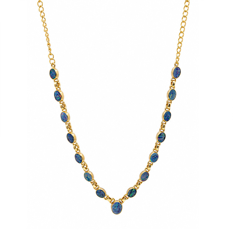 0.92 Ct. Multi Color Opal and MultiColored Opal Bezel Necklace, 18K Gold Plated Silver