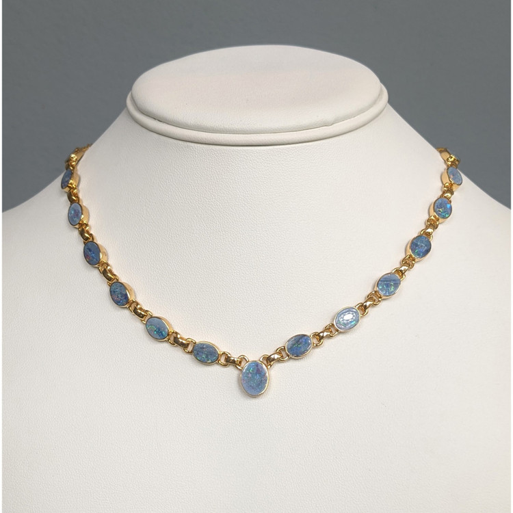 0.92 Ct. Multi Color Opal and MultiColored Opal Bezel Necklace, 18K Gold Plated Silver